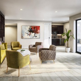 Access to resident-only features a lounge with wood floors and large windows
